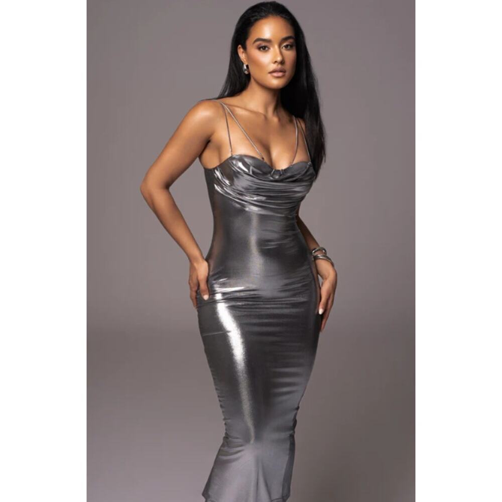 JLUXLABEL Visions Of You Midi Dress Draped Corset Formal Chain Strap Maxi Silver
